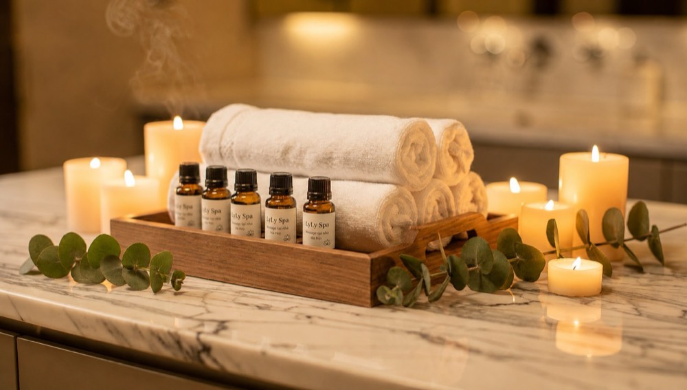 Chai tinh dầu thủy tinh màu hổ phách trên bề mặt cẩm thạch